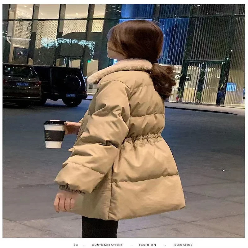 Female Drawstring Waist Coats New Winter Korean Elegant Thick Cotton Coat Womens Outerwear Faux Rabbit Fur Lapel Warm Jackets