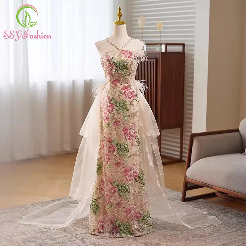 

SSYFashion Luxury Flower Mermaid Evening Dress Romantic Halter Sequins Beading Fishtail with Detachable Tail Formal Party Gowns