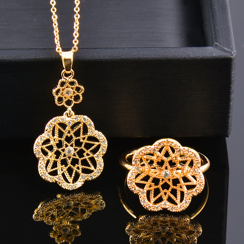 

KIOOZOL Classic Romantic Lace Hollow Flower Pendant Necklace Drop Earrings with Rings For Women's Jewelry Set 2022 Trend 001 KO1