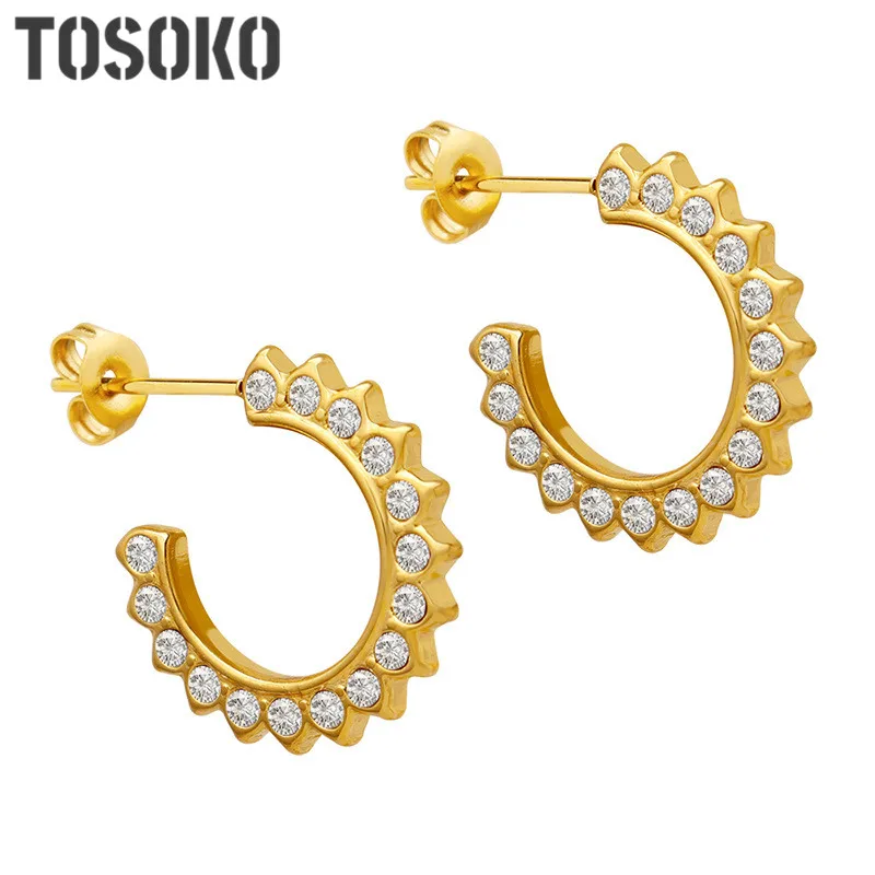 

TOSOKO Stainless Steel Jewelry Geometrically Irregular C-Shaped Wave Point Sunflower Simple Earrings BSF667