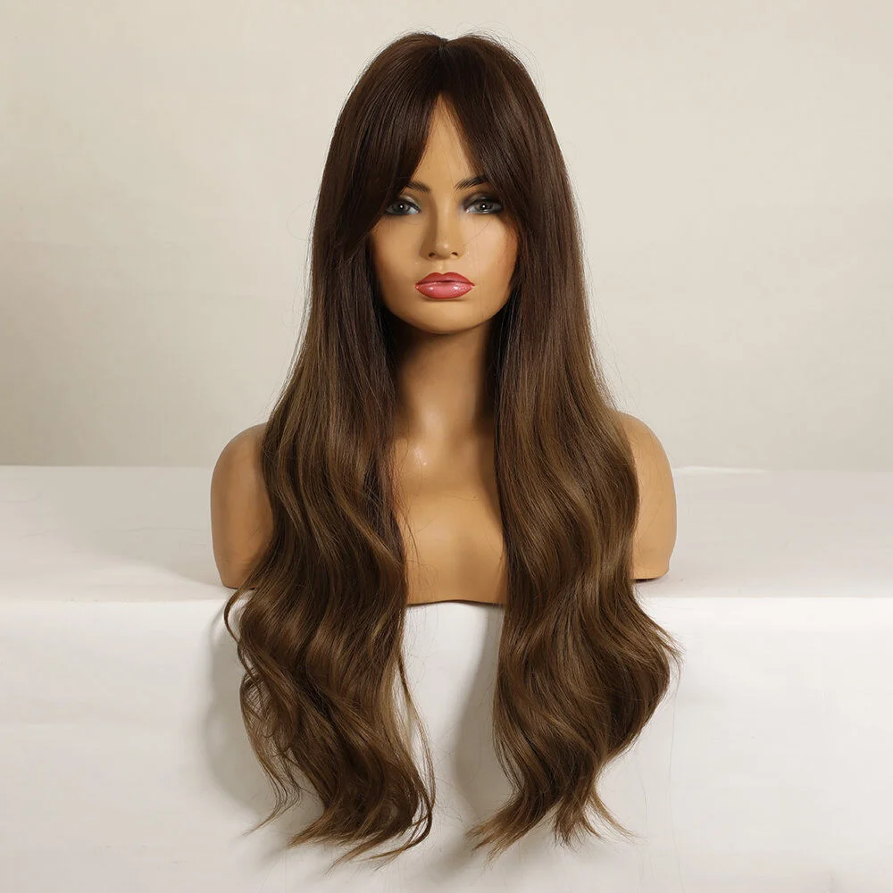 Темно-коричневые волнистые парики с длинной челкой для женщин