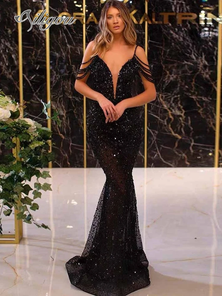 

Ailigou Black 2022 New Women's Luxury Dress Mermaid Floor Sequin Beaded Robe De Soiree Aibye Split Prom Dress Saudi Arabia Dubai