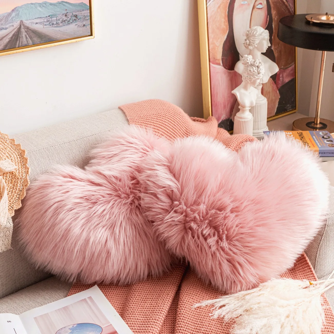 

Роскошная квадратная наволочка в виде сердца из кроличьего меха, чехол для подушки, украшение для дивана, спальни, розовый, белый