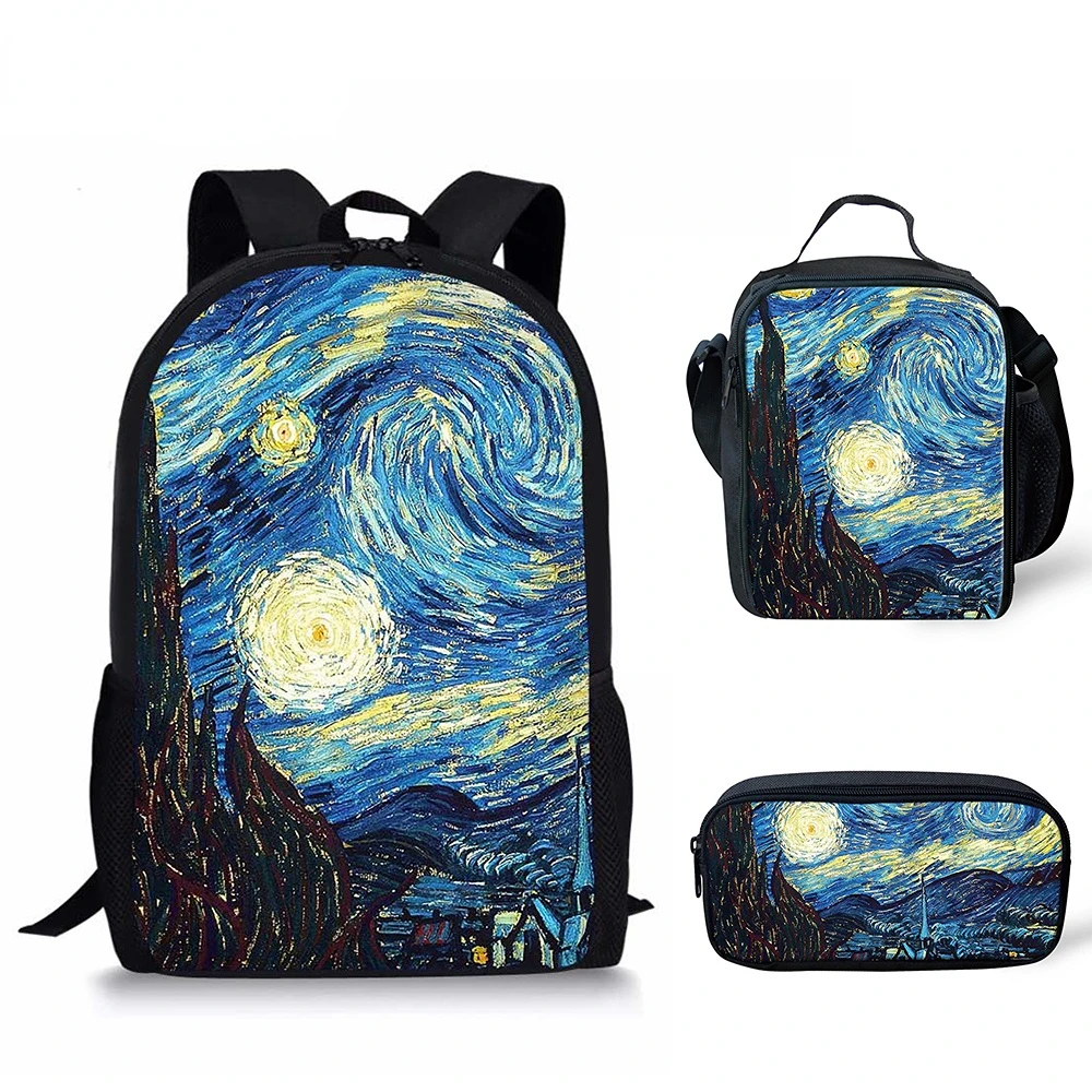 

3pcs Set Boys School Bags Kids Van Gogh Famous oil Painting Backpack For Teens Women Bookbag Student Girls Pencil Lunchbox 2019