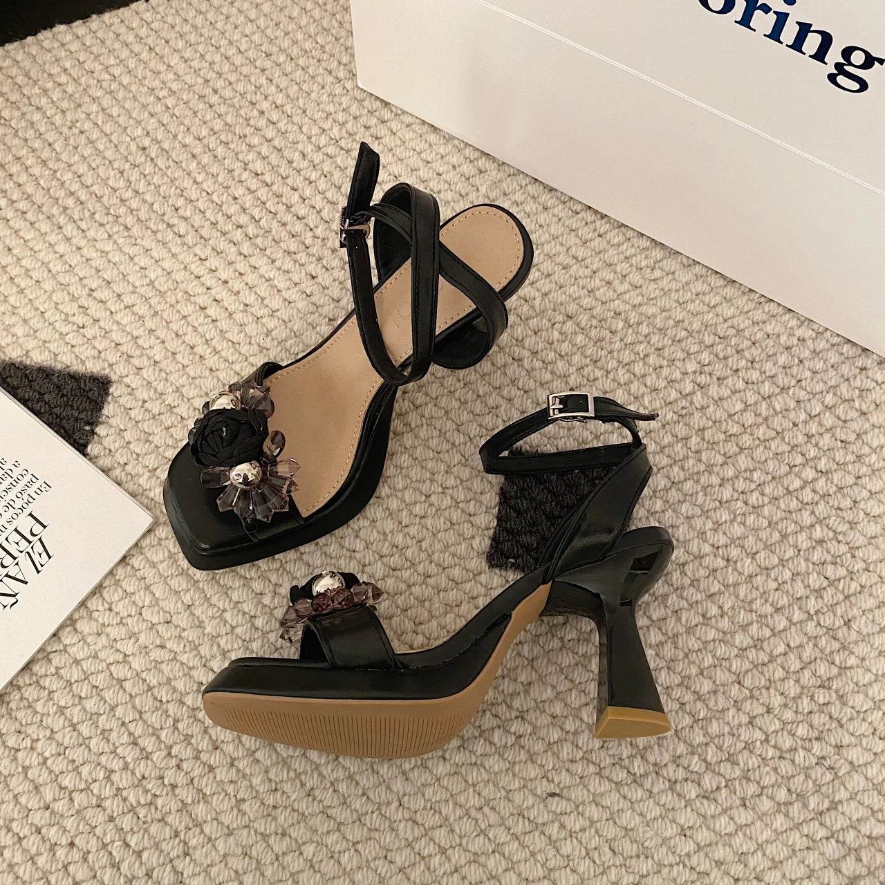 

2023 Summer Square Toe Crystal Flower Women Sandals Women's Shoes High Heel Sandals Fashion Ladies Sandals G54