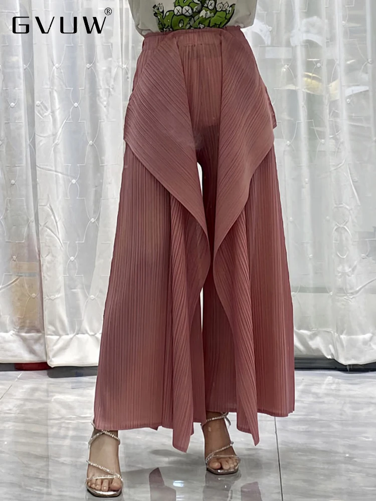 

GVUW Irregular Pleated Wide Leg Pants For Women Solid Color Loose Patchwork 2023 Summer Elegant Female Splited Trousers 17J1385
