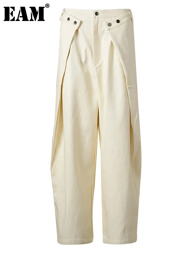 EAM Длинные широкие брюки с высокой талией и черными пуговицами новые женские