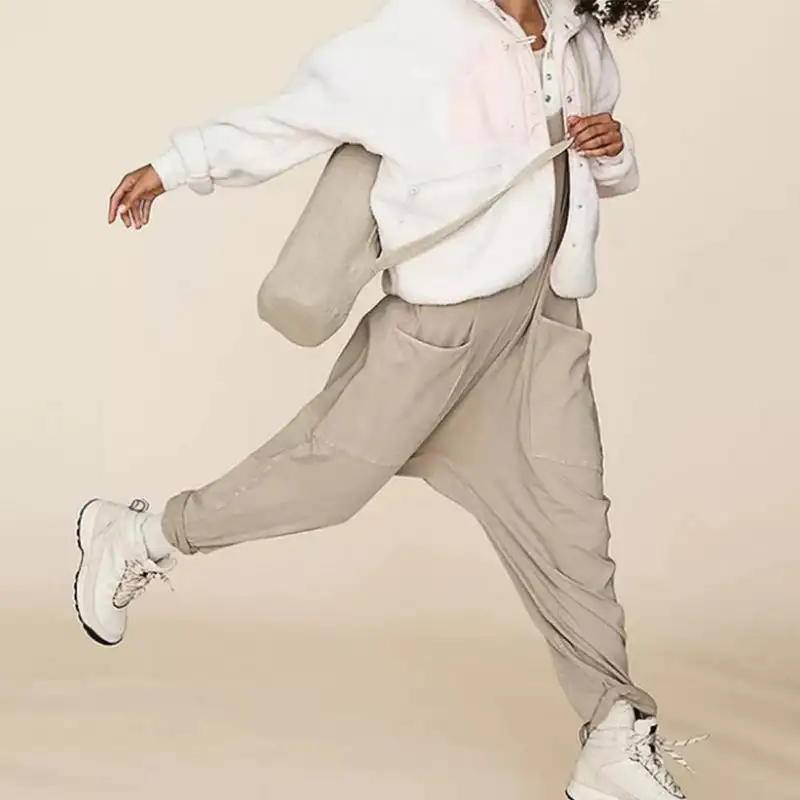 Women Solid Color V-Neck Sling Pocket Jumpsuit Long Pants Loose Office Commuting Street Style Casual 2023 Summer Fashion New