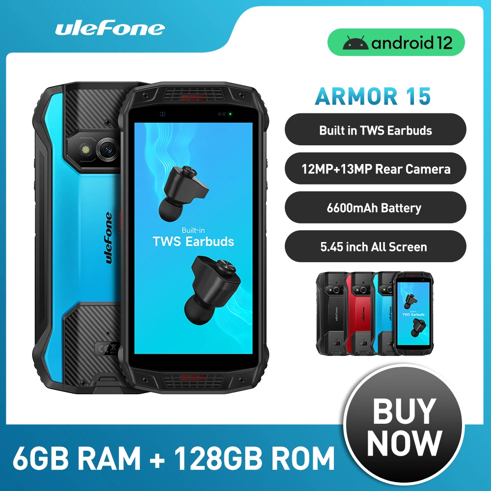 Ulefone Armor 15 Rugged Waterproof  Phone 128GB NFC Android 12 Built-in TWS Earbuds Smartphone 6600mAh 2.4G/5G WLAN Mobile Phone