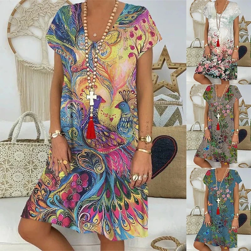 

Fashion Smmer Elegant Women's Floral Print V Neck Short Sleeve Bohemian Dress Loose Casual Vacation Pullover Beach Party Dress