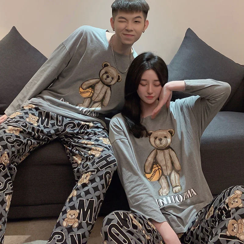 QWEEK Pajama Set Women Sleepwear Kawaii Bear Couples Pijamas Spring Autumn Nightwear Same Style for Men and Female Loose Pyjamas