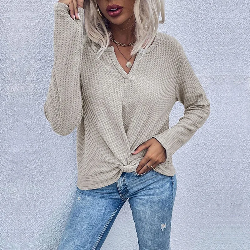 

Women's V-Neck Waffle-Fabric Knit Pullover Solid Color Casual Loose Long Sleeve Shirt Sweater Top