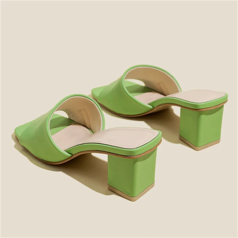 

Luxury Summer Women 5cm High Heels Slides Plus Size 42 Mules Lady Block Square Low Heels Slipper Mom Casual Green Slip On Shoes