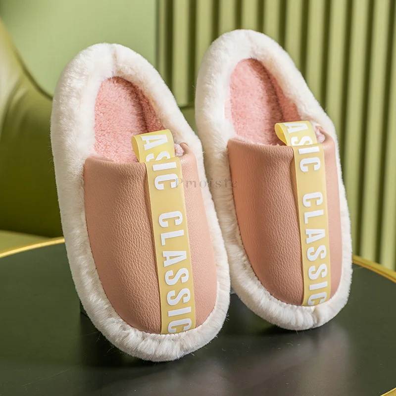 Classic House Slippers for Women's Warm Thick Plush Slippers Non-slip Flat Shoes Female Bedroom Slippers Family Couples Slides