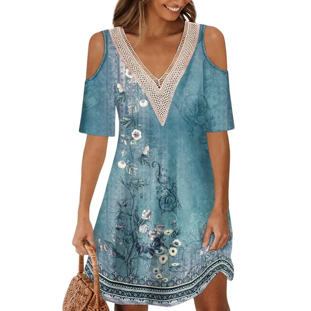 

Women Summer Dress Flower Printing Women Midi Dress Cutout Lady Summer Dress