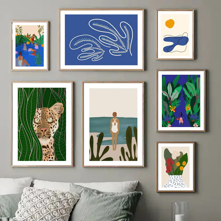 

Abstract Leopard Pool Girl Leaves Plant Vase Wall Art Canvas Painting Nordic Posters And Prints Decor Pictures For Living Room