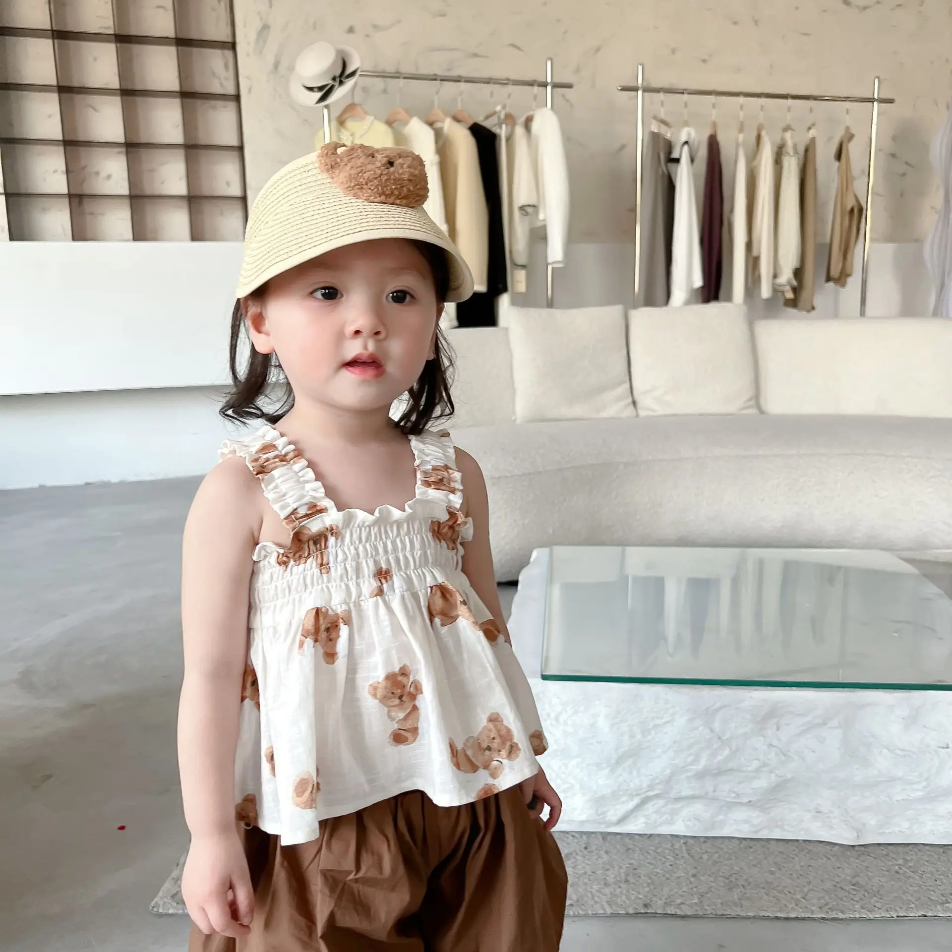 2022 Summer New Girls Vest + Shorts 2pcs Suit Cute Bear Print Children Casual Clothes Set Cotton Princess Baby Clothing Outfits