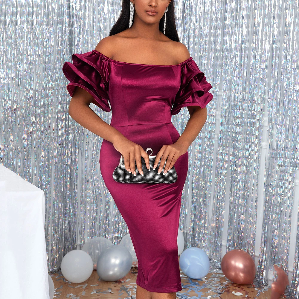 

Sexy Dresses for Women Birthday Party Burgundy Off the Shoulder Flare Sleeve Bodycon High Waisted Mid Calf Elegant Evening Dress