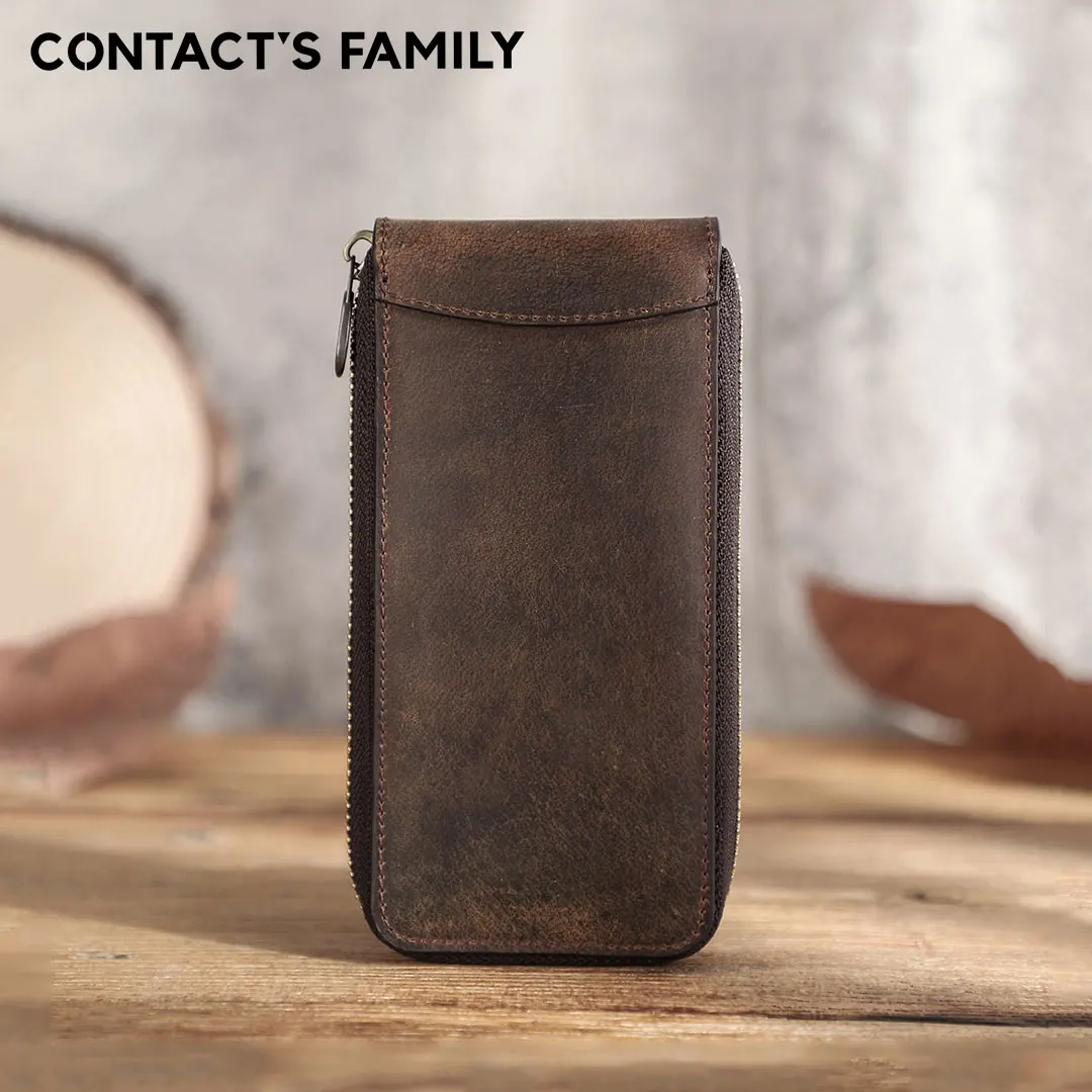 CONTACT'S FAMILY Genuine Leather Vintage Handmade Watch Pouch Travel Portable Leather Organizer with Card Slot Zipper Case