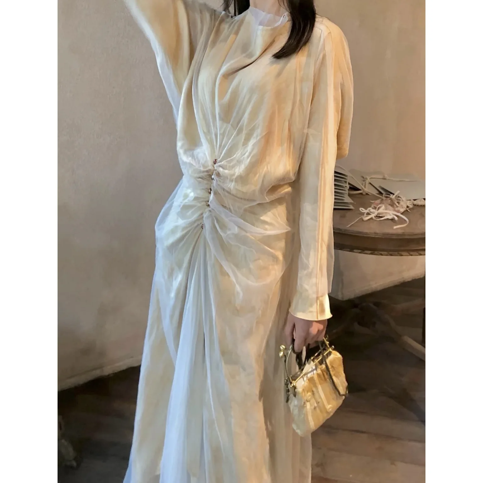 

SuperAen Oil Painting Double-layer Gauze Pearl Button Dress Fashion High Quality Long Party Dress for Women