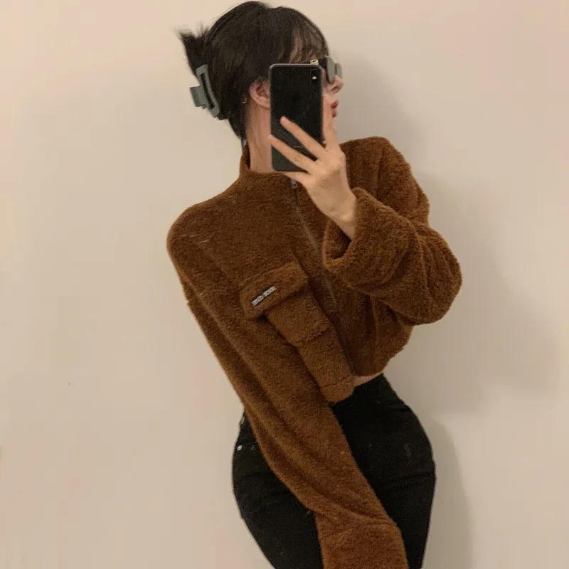 Fleece Teddy Fur Cropped Coat Female Autumn Winter Long Sleeve Fuzzy Sherpa Jacket Warm Brown Tweed Zipper Jakcets y2k Korean