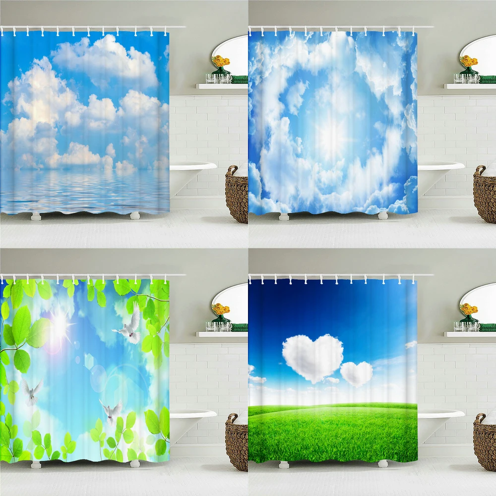 

Cortina de ducha con paisaje de nubes y cielo azul, visillo de baño impermeable con ganchos, impresa en 3d tela, 180x200cm