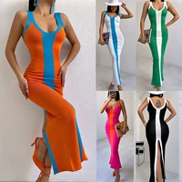 women 2022 knitted bodycon long dresses elegent sleeveless v neck contrast color split midi dress