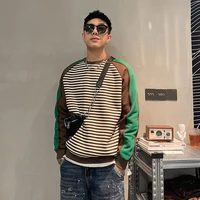 2022 spring new mens striped color matching round neck casual sweater fashion street loose all match pullover top mens clothin