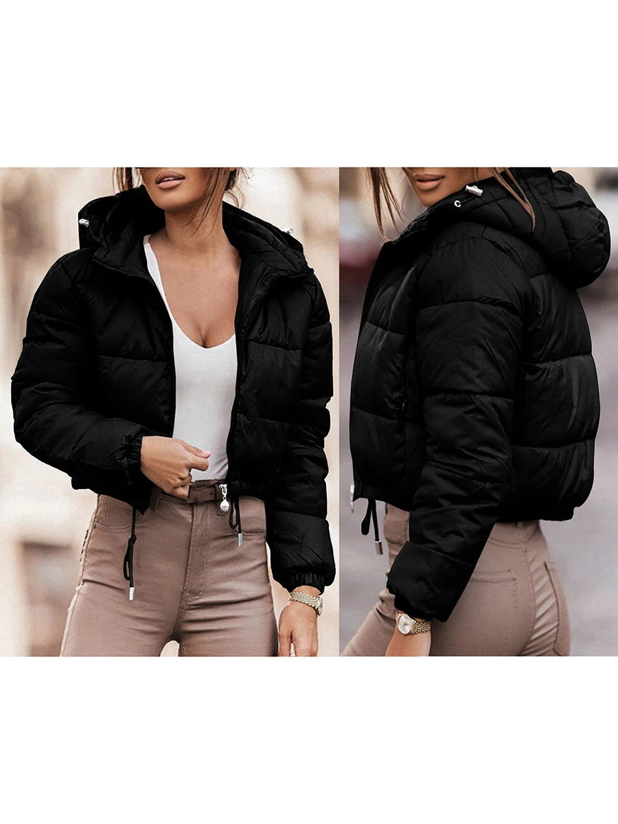 

Womens Cropped Puffer Jacket with Hood Long Sleeve Full Zip Drawstring Quilted Lightweight Jacket Winter Warm Short Down Coat