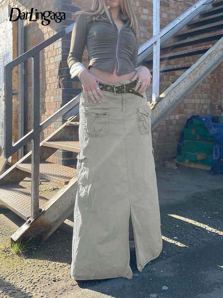 

Длинная юбка Darlingaga в стиле Харадзюку С заниженной талией и карманами, женская летняя уличная одежда с разрезом, Y2K, стандартная прямая юбка в...