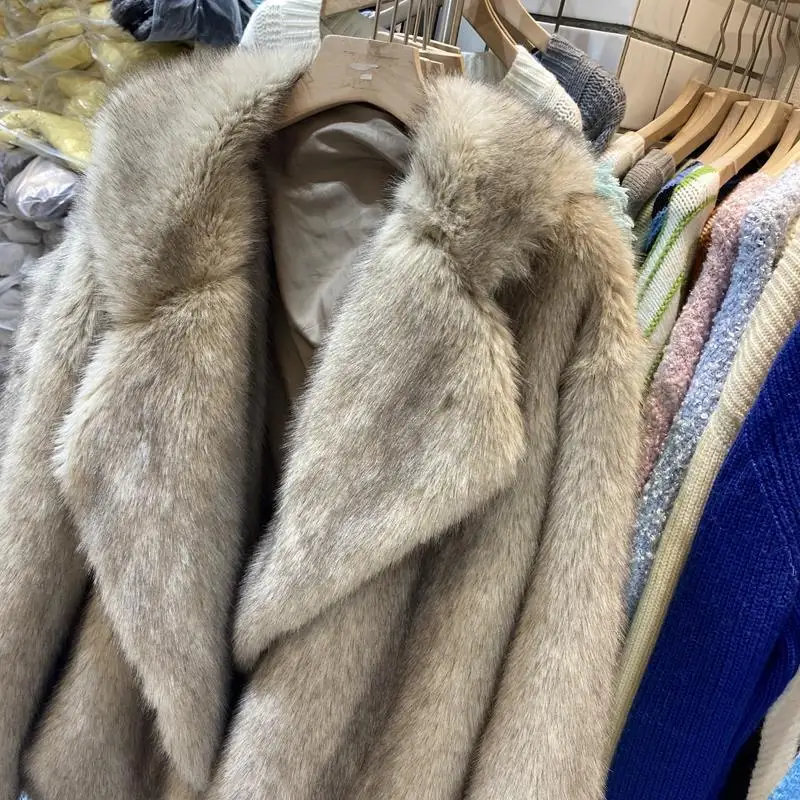 Imitation Fox Fur Coat Women Clothes Long Lapels Loose Plush Coat Solid Cardigan Thick Warm Fur Winter Office Lady Jackets Loose