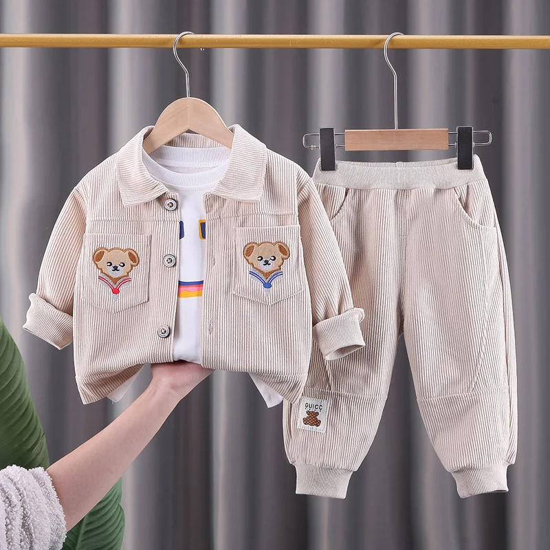 

Children's Clothing Suit spring autumn BoyThree-Piece T-shirt+Cartoon Bearcorduroy coat+Trousers Korean child 0-5Y Baby Bby Suit