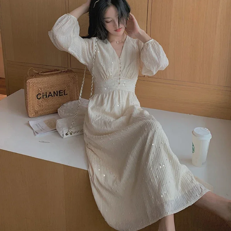 Элегантное Винтажное Женское Платье До Середины Икры С Пышными Рукавами И