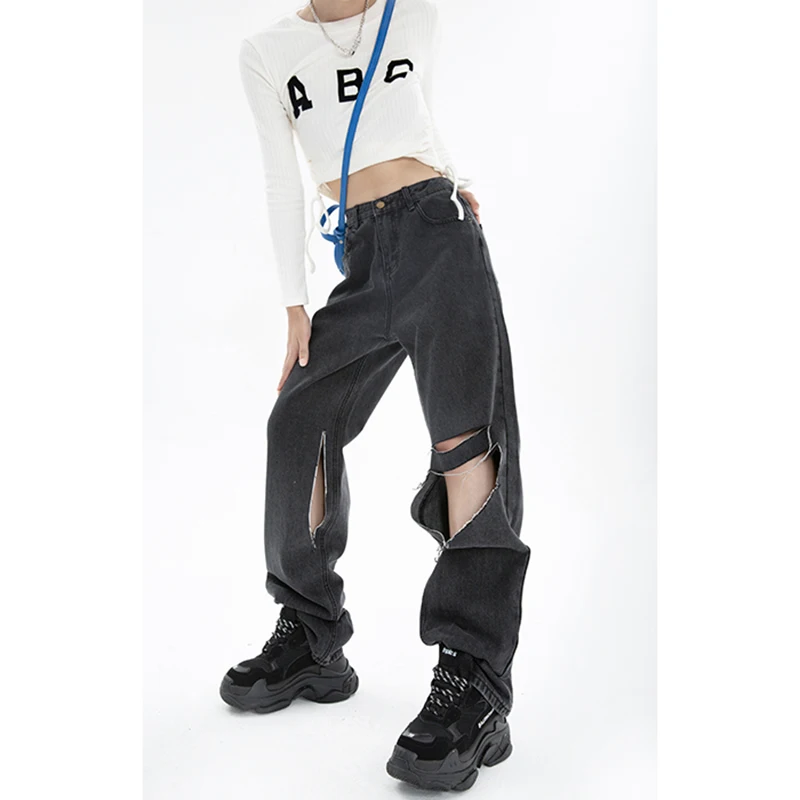 

Streetwear Casual Fashion Ripped Jeans Women's Mopping Pants Black High-waist Ripped Straight-leg Classic Jeans y2k Clothes