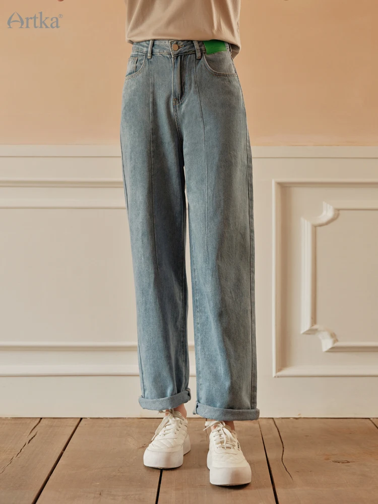 

ARTKA 2022 Spring Summer New Women Jeans Fashion Casual High Waist Straight Jeans Loose Wide Leg Washed Denim Pants KN29127C
