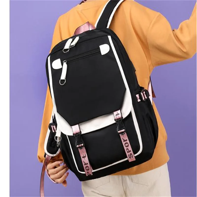 

Fengdong Large School Bags For Teenage Girls USB Port Canvas Schoolbag Student Book Bag Fashion Black Pink Teen School Backpack