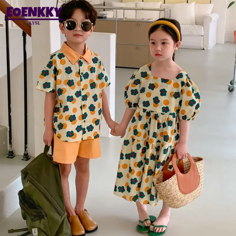 Childrens Brother and Sister Set Summer Leisure Boys Girls Full Contrast Flower Bubble Sleeve Dress Short Sleeve Shorts Suit New