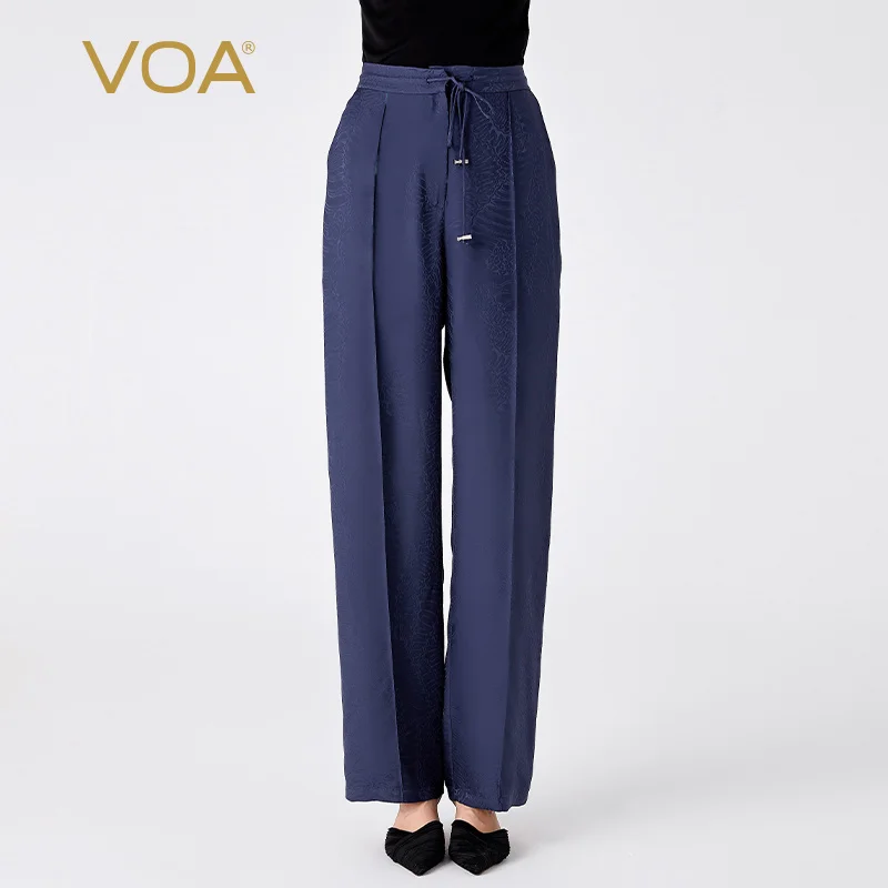 

(Fans Exclusive Discount) VOA Silk Jacquard Navy Natural Waist Pocket Trousers Office Laides Silk Straight Pants Women KE922
