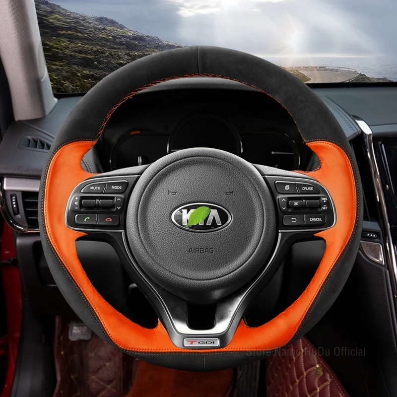 

DIY Custom For Kia K2 Forte K3 Sportage R K5 K4 Rio KX3 KX1 KX5 Alcantara Orange Leather Car Steering Wheel Cover Auto Interior