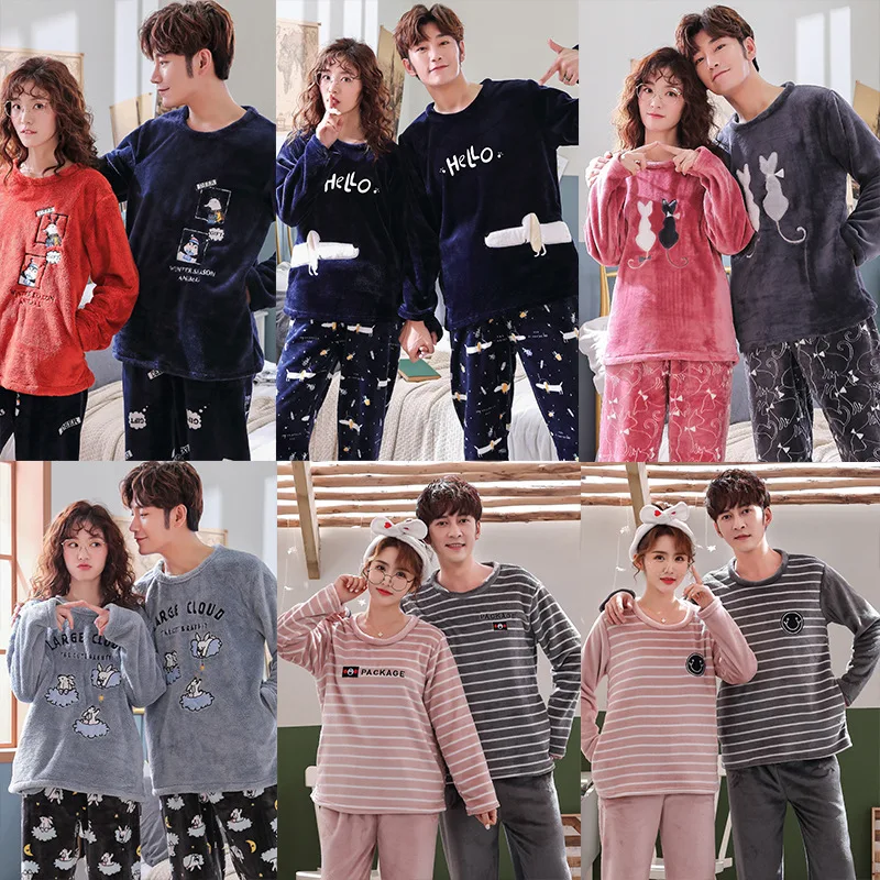 

Korean Flannel Pajamas Winter Warm Couple Sleepwear Home Clothes Coral Fleece Thick Pyjamas Women Men Pijama Mujer