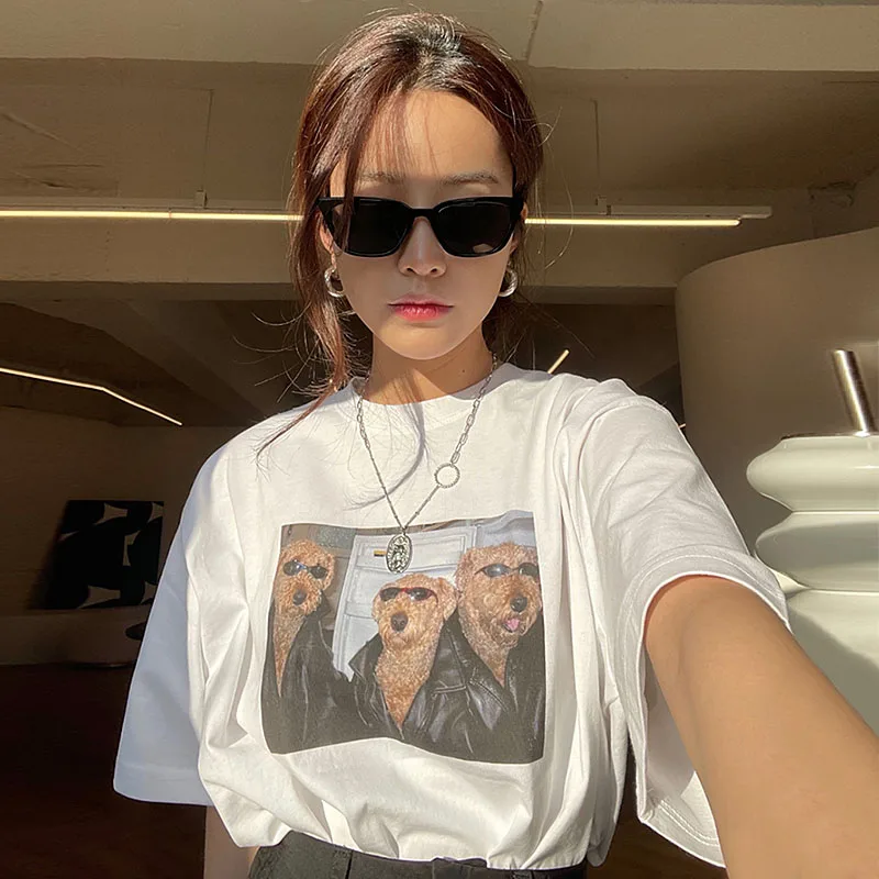 

Clothland Fashion Dog Print Basic Cotton Tees White Black Short Sleeve O Neck T Shirts Summer Casual Animal Tops Mujer DA43