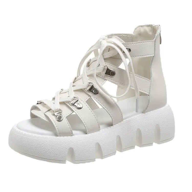 2023 Heightened Shoes Women Thick Soled Shoes Motorcycle Fish Mouth Sandals Comfortable High Heels High Top Hollowed Out Sandals