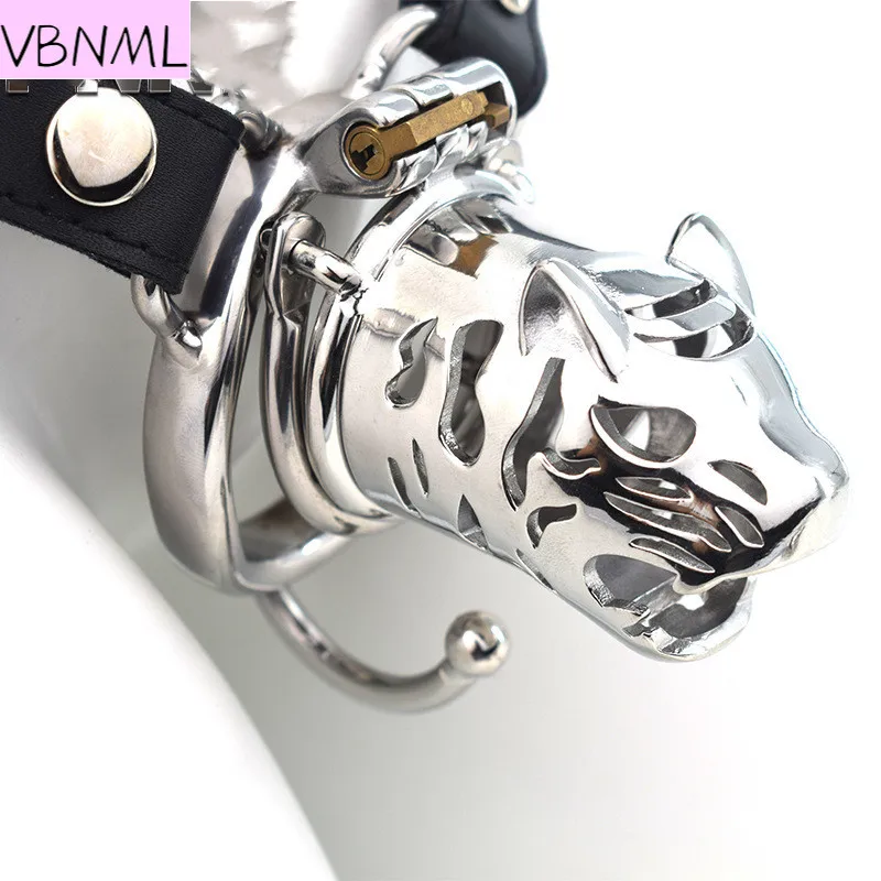 VBNML Leather Pants Wear Stainless Steel Long Tiger Head Carving Craft Chastity Lock Male Chastity Lock BDSM Sex Toys