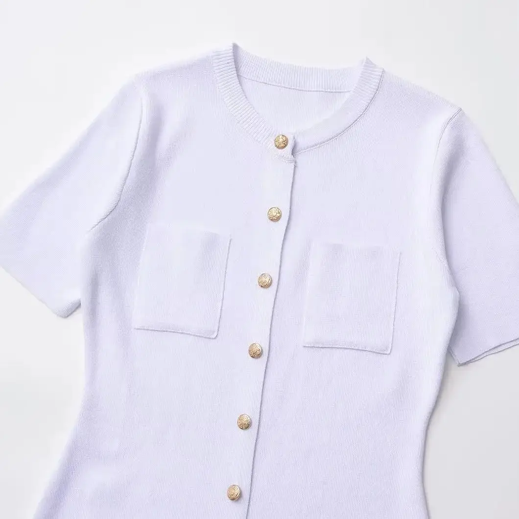 TRAF женские элегантные однобортные трикотажные платья тонкие с коротким рукавом