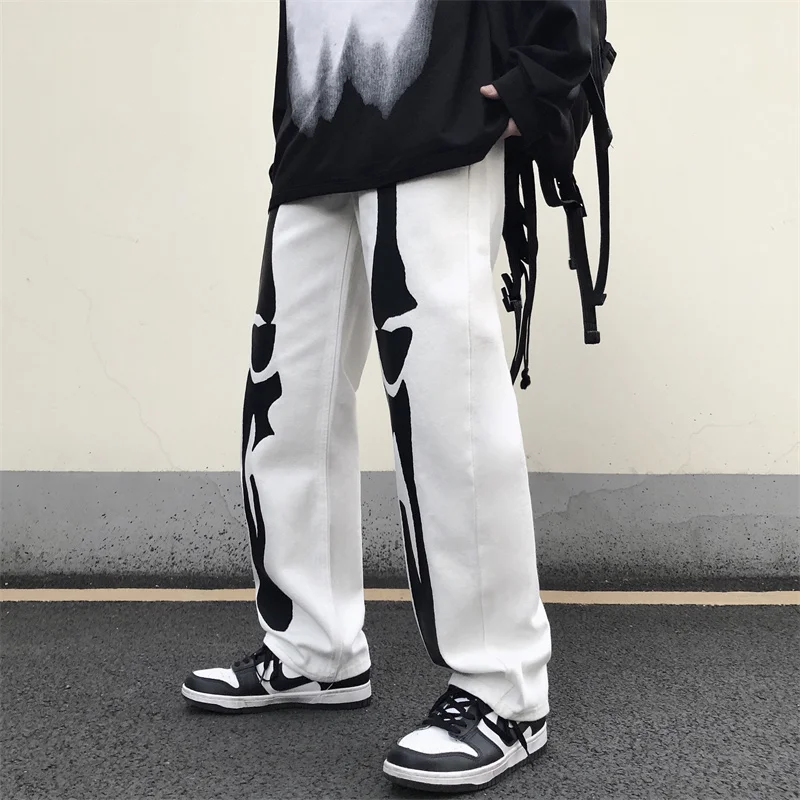 Men's Jeans Ins American Style Street Skull Print Hip-hop Street Men's Street Style Loose Jeans Y2k Pants Men Pants Ins Hot Sale