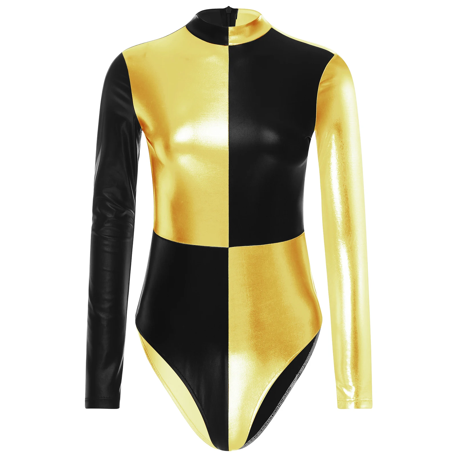 

Womens Metallic Shiny Mock Neck Catsuit Color Block Long Sleeve Bodysuit for Pole Dancing Invisible Zipper Back Leotard Clubwear