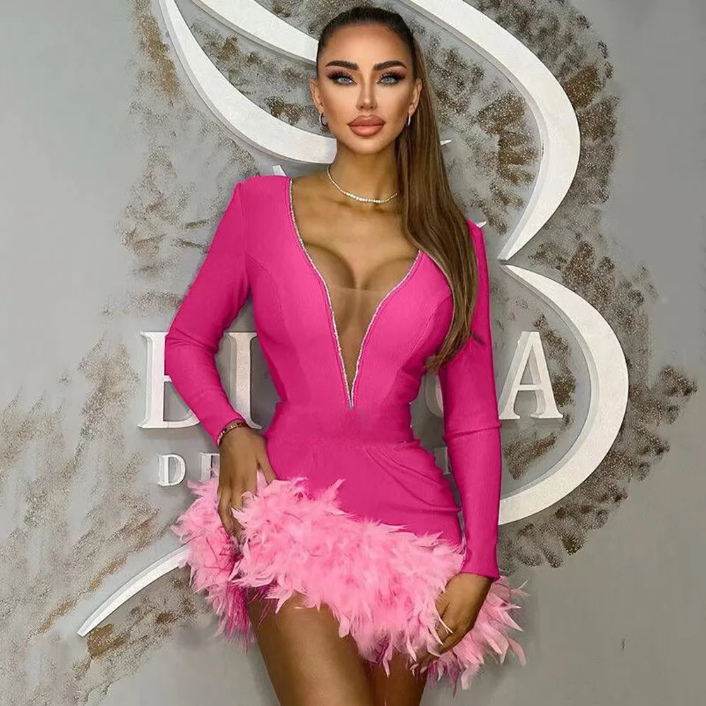 

2023 explosive women's fashion long sleeve V-neck feather dress birthday party bandage dress