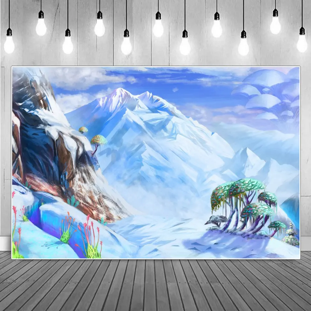 

Фон для фотосъемки детей с изображением заснеженной горы замерзших облаков голубого неба деревьев