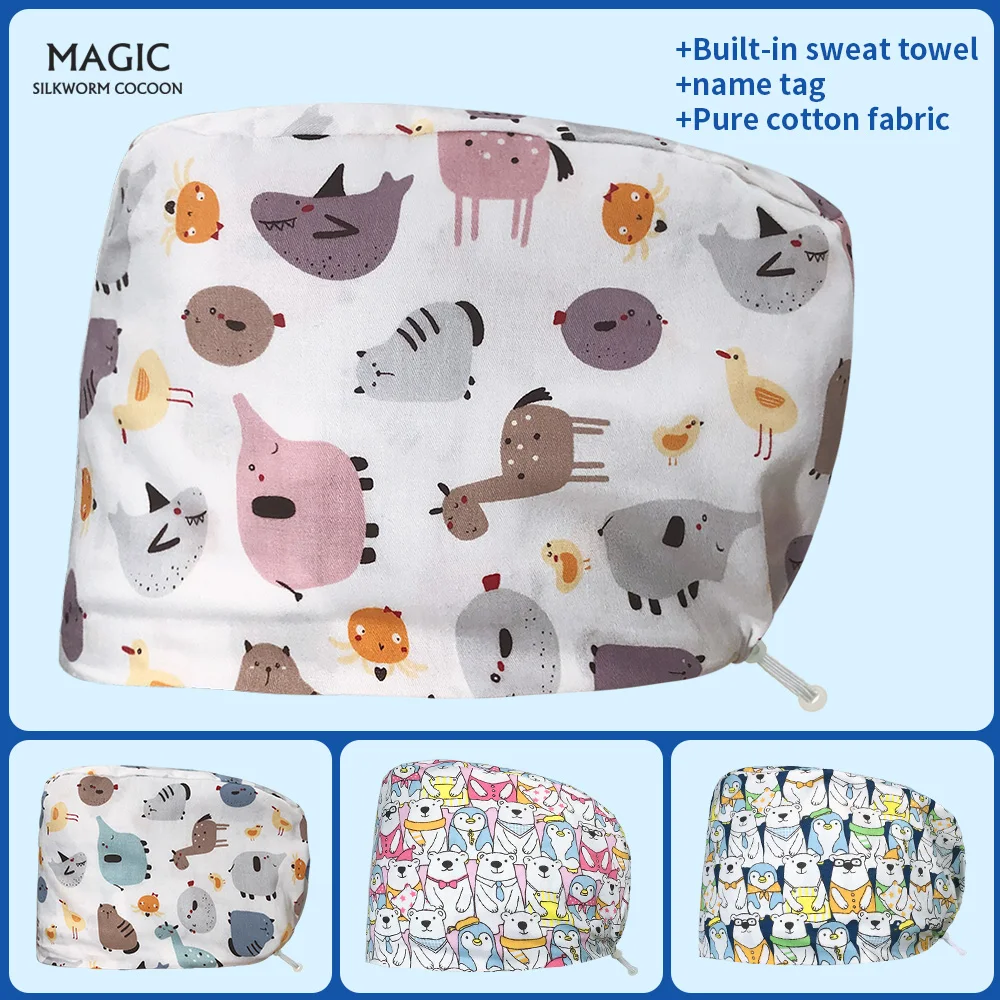 

Hospital Medical Work Hat Nurse Cap Dust Proof Printing Surgical Cap Round Cap Cotton Dust Hat Headscarf Classic Work Flower Hat