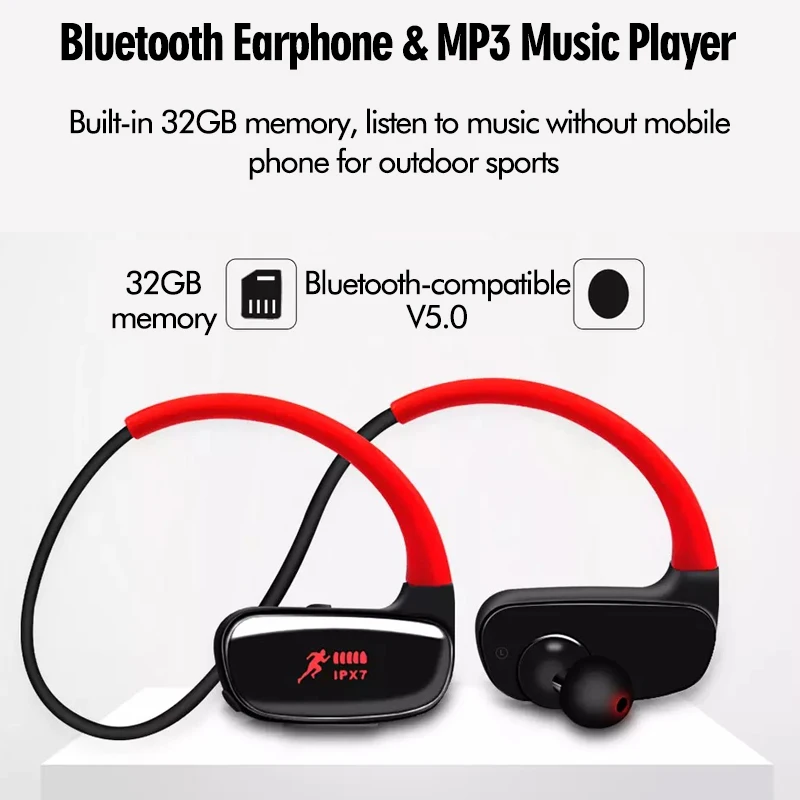 

Sports Wireless Bluetooth Headphones IPX7 Waterproof 6D Bass Stereo Surround Earphone Built-in 32G Memory Running MP3 Player Mic